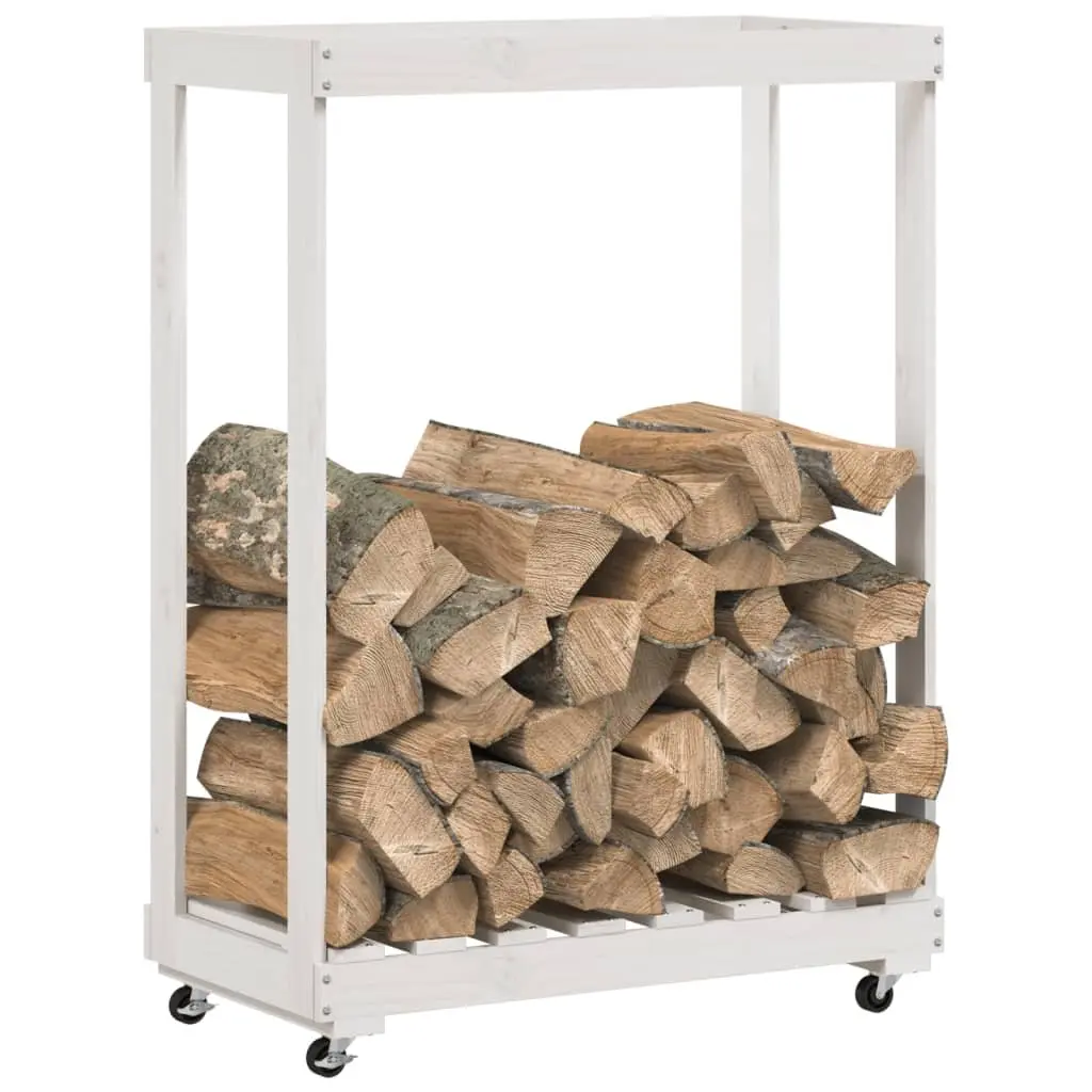 Wooden Log Holder Indoor Outdoor with Wheels White Storage Rack 76.5 x 40 x 108 cm