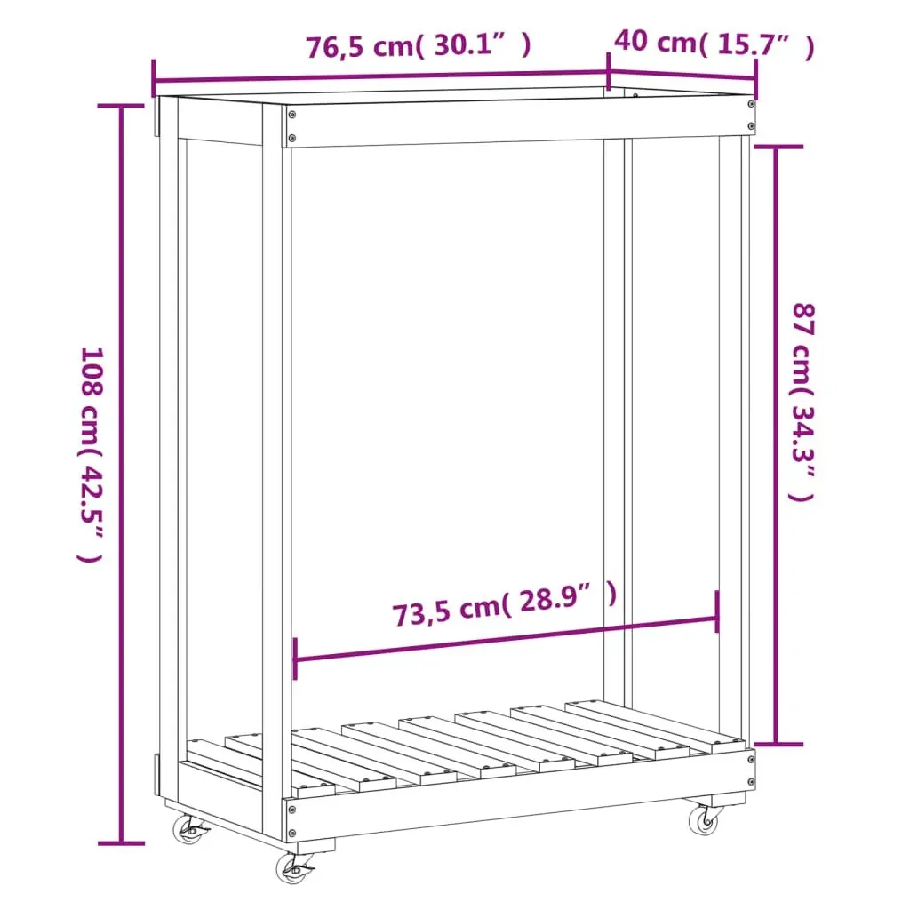 Wooden Log Holder Indoor Outdoor with Wheels White Storage Rack 76.5 x 40 x 108 cm
