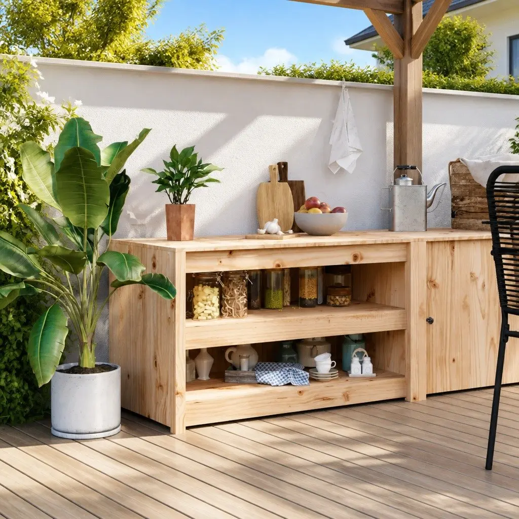 Outdoor Kitchen Cabinet Brown Wooden Storage Garden Cupboard 106W x 55D x 64H cm