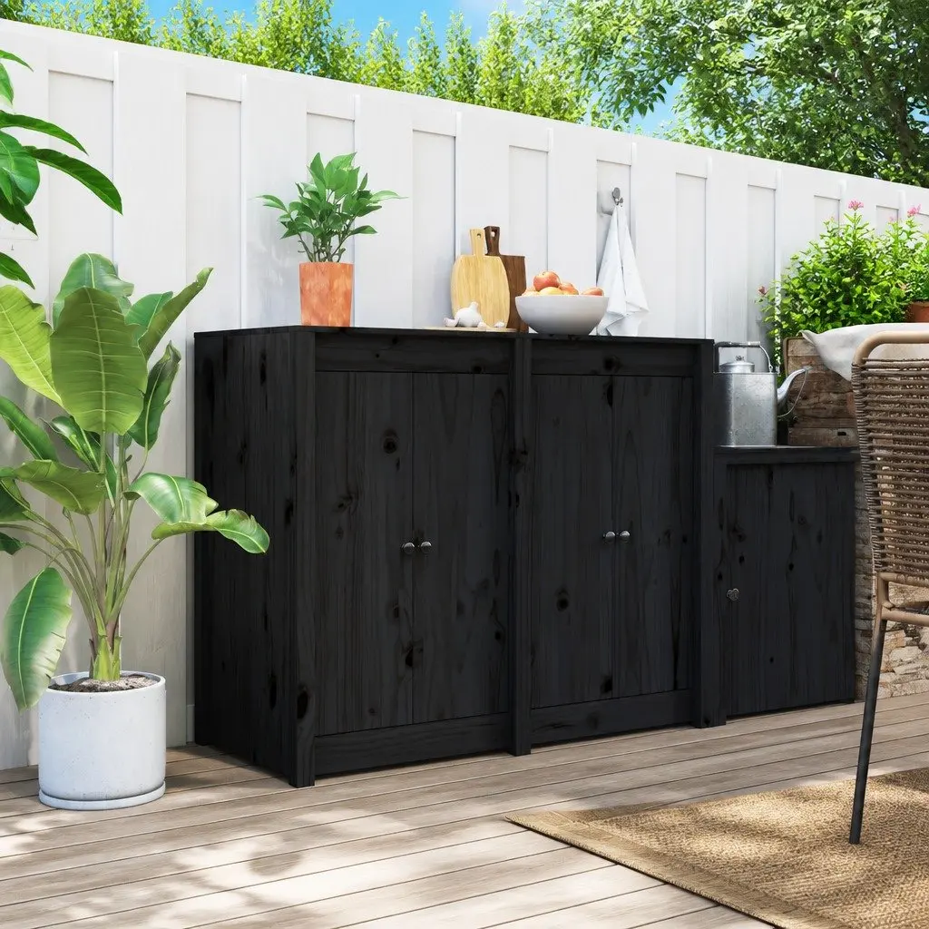 Outdoor Kitchen Cabinet Doors 2pc Black Solid Pine Wood Garden Storage Access