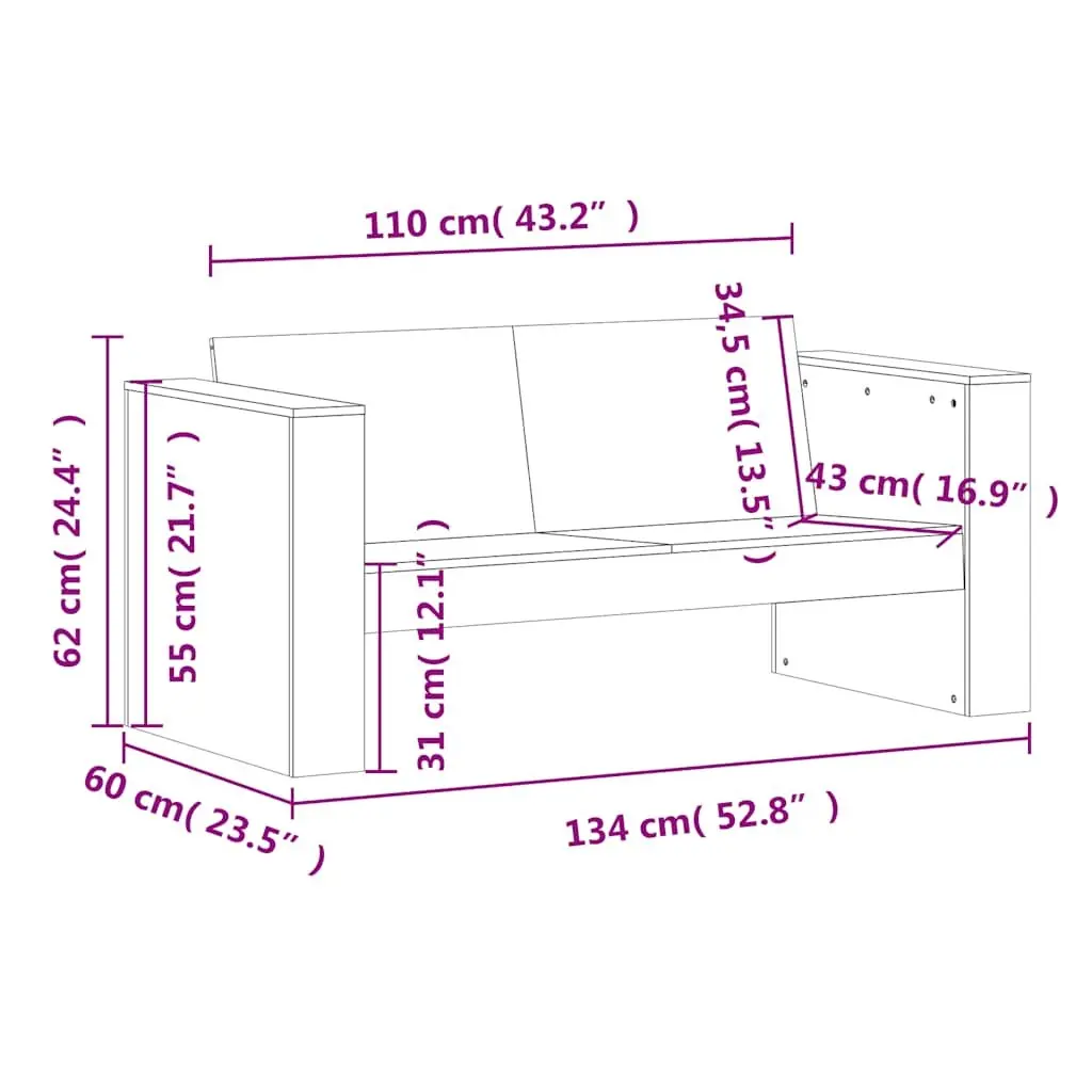 Garden Sofa Outdoor Furniture 2-Seater Wooden Patio Bench with Armrests Backrest