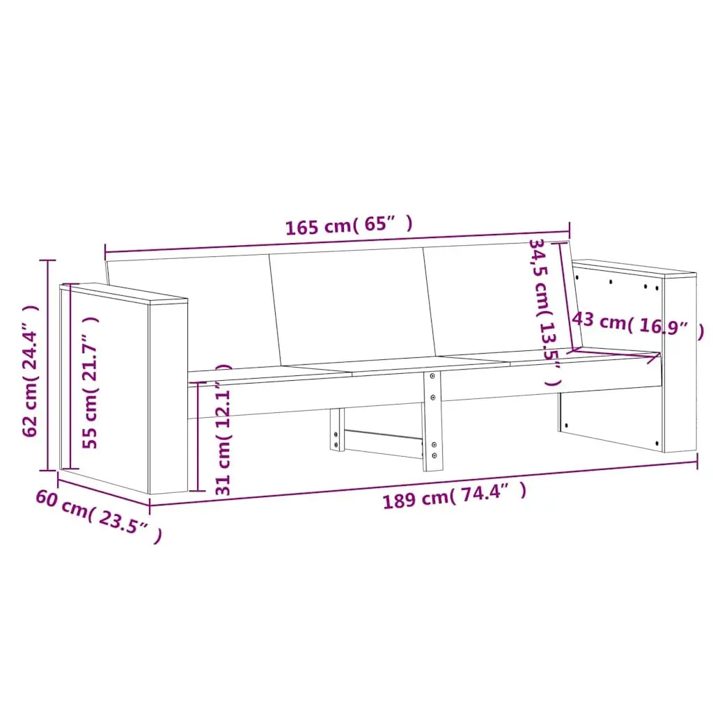 Wooden Patio Sofa Outdoor Seating 3-Seater with Backrest and Armrests White
