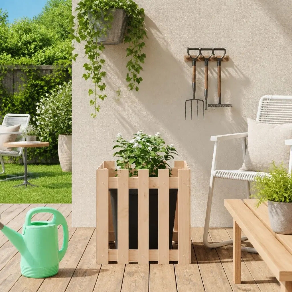 Garden Planter Box with Fence Design 50x50x50cm Solid Wood Pine Flowers Plants