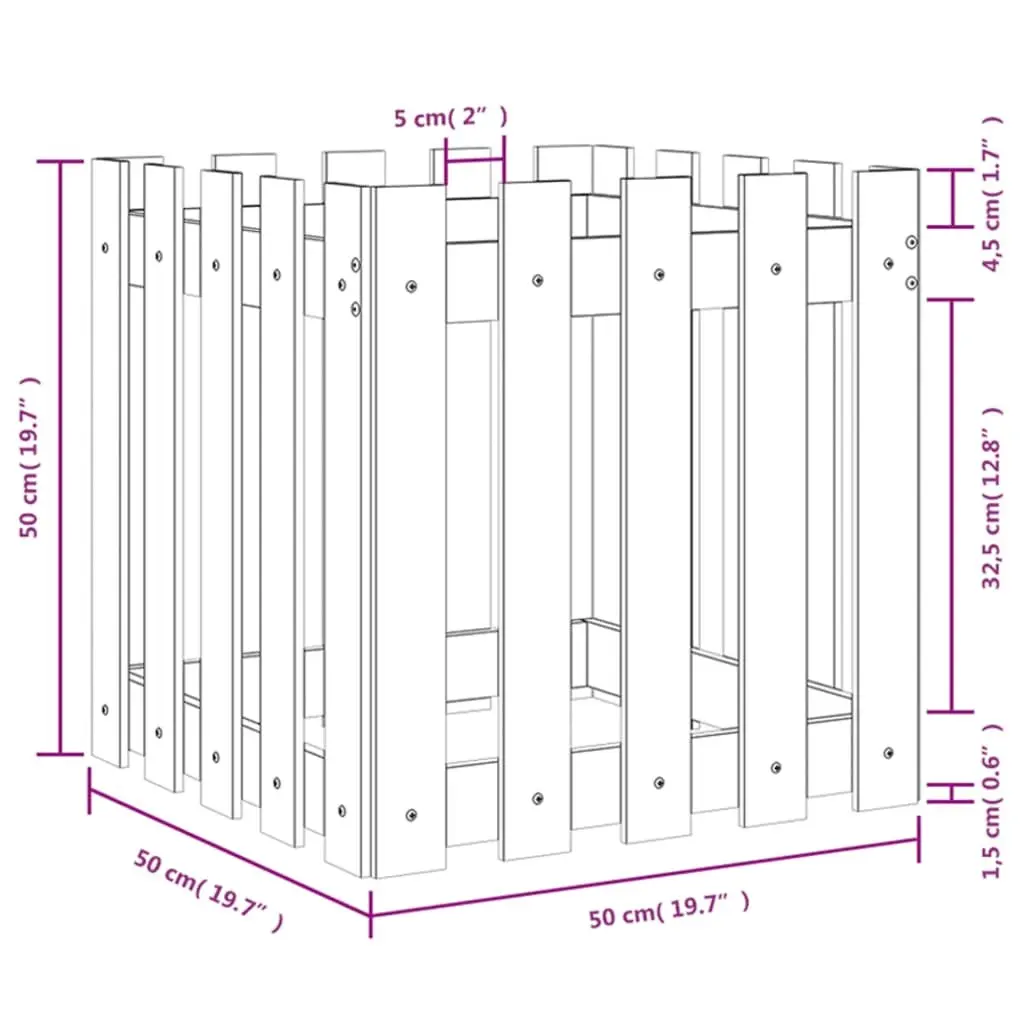 Garden Planter Box with Fence Design 50x50x50cm Solid Wood Pine Flowers Plants