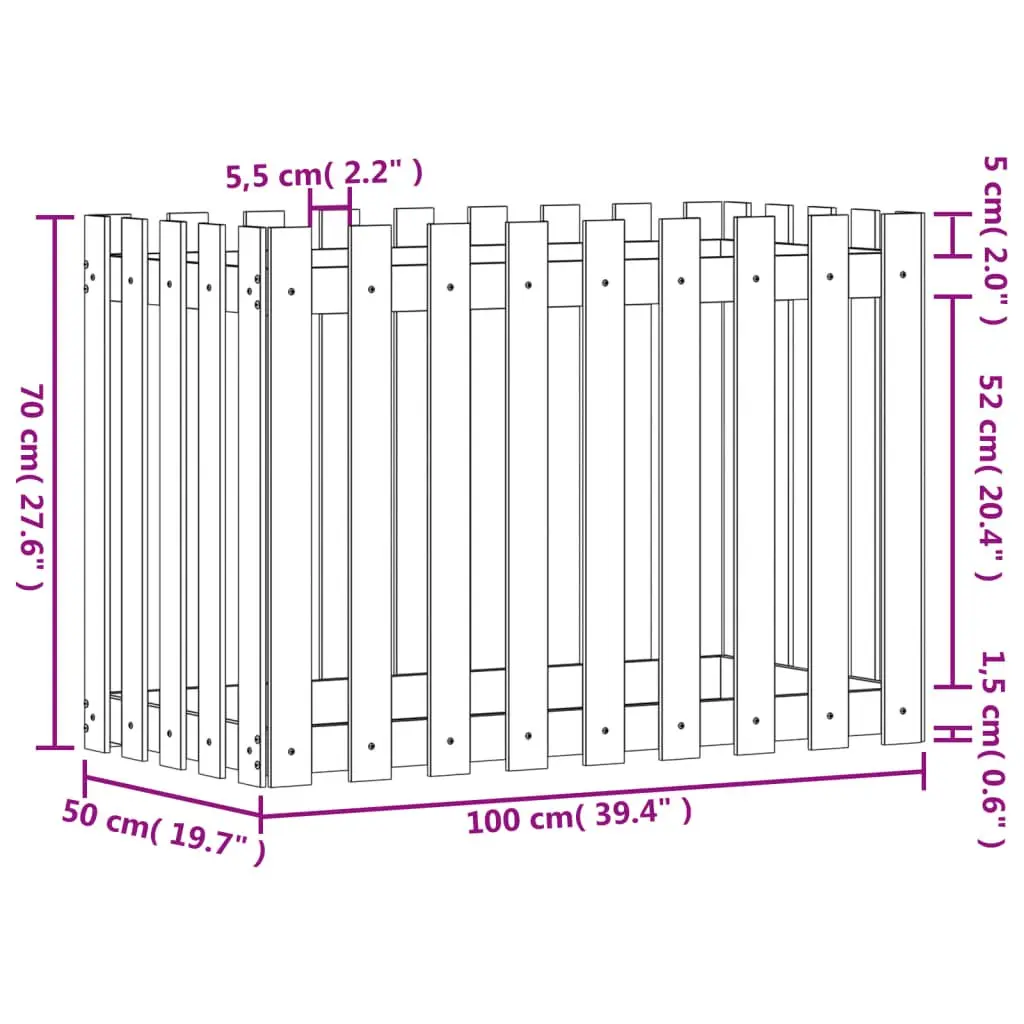 Garden Raised Bed with Fence Design White 100x50x70 cm Solid Pine Wood Planter