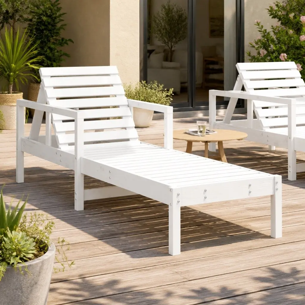 Sun Lounger White Adjustable Backrest Outdoor Garden Patio Poolside Relaxation