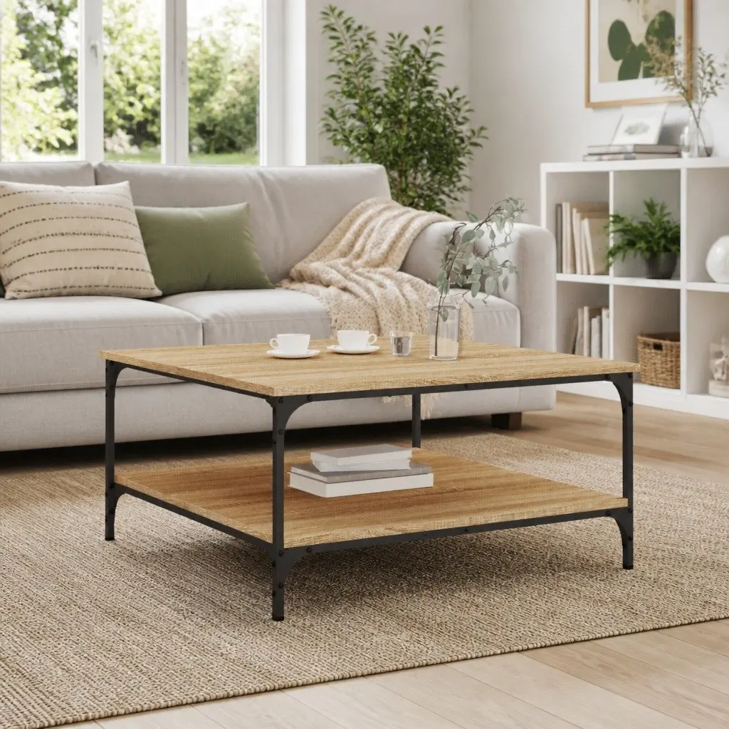 Coffee Table with Storage Shelves Brown Living Room Side Table Engineered Wood