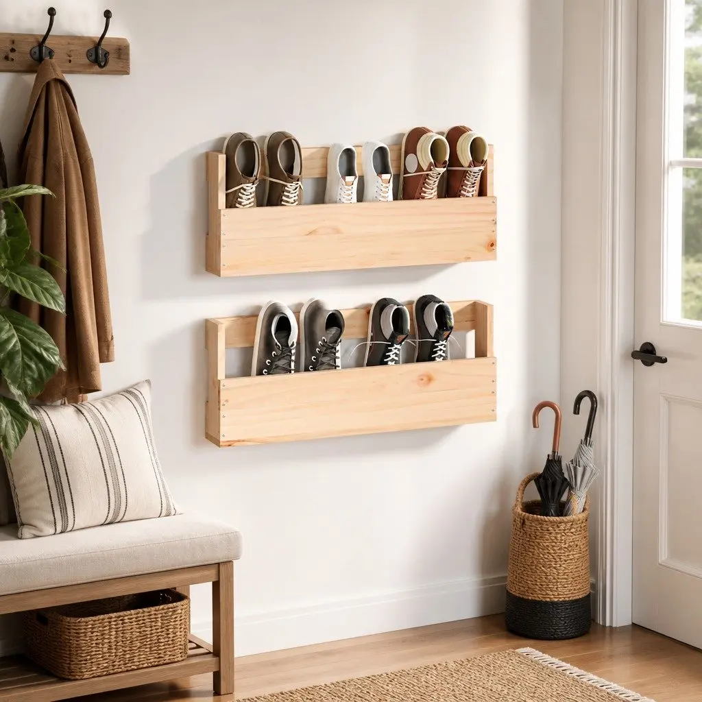 Wall-Mounted Shoe Rack for Home Organiser Solid Pine Wood Brown 59x9x23cm 2 Piece