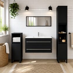 Bathroom Cabinet with Mirror Wall-Mounted Storage Black Engineered Wood Vanity