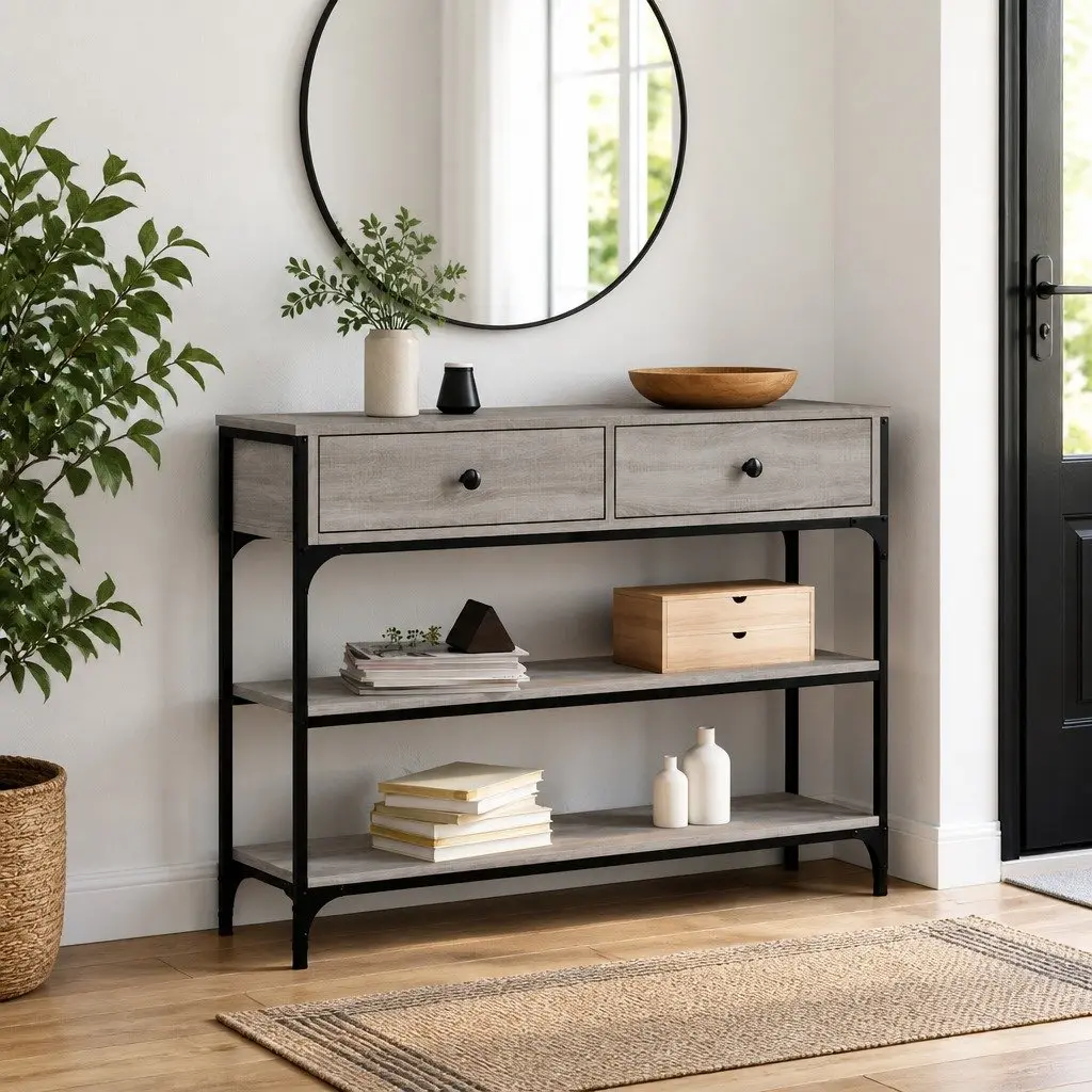 Grey Console Table with Storage Options