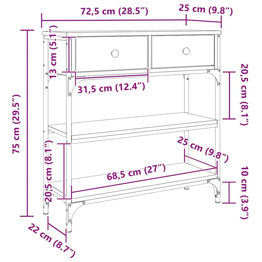 Console Table Entryway Living Room Hallway 72.5cm W x 25cm D x 75cm H Sonoma Oak Engineered Wood