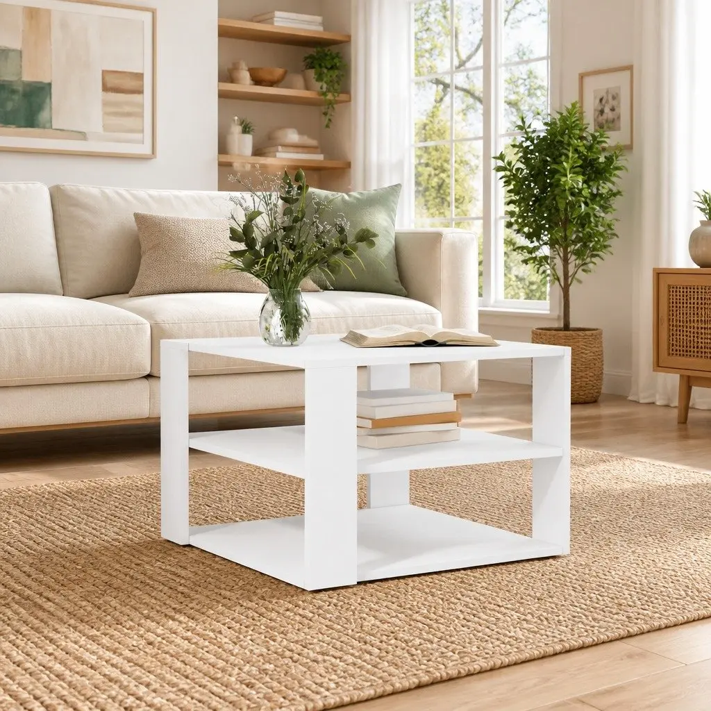 White Coffee Table 58x58x40 cm 3-Tier Open Shelf Storage Accent Table Living