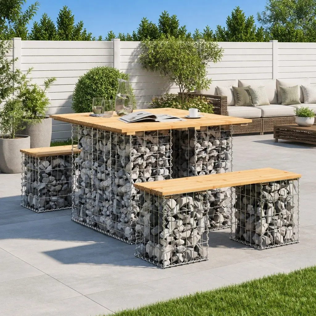 Garden Table Gabion Design Solid Pinewood Outdoor Patio Furniture Brown