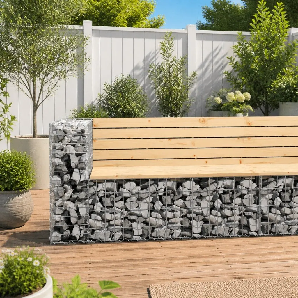 Garden Bench Gabion Design Outdoor Seating Solid Wood Pine Backyard Patio