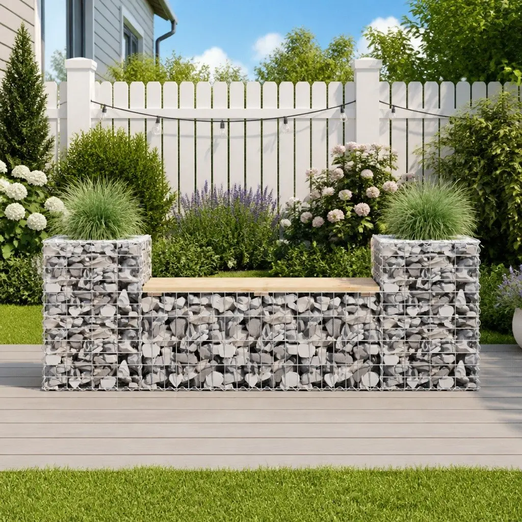 Garden Bench Solid Wood Pine Seat Gabion Design Outdoor Patio Seating Brown