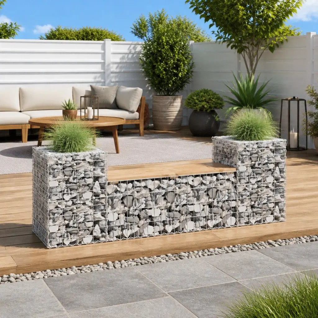 Outdoor Garden Bench Gabion Design Wooden Seating with Planter Boxes Patio