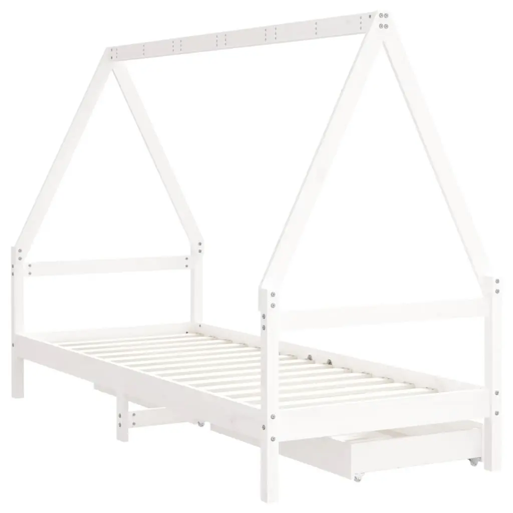 Kids Bed Frame with Storage Drawers House Design White Solid Wood Single Bed