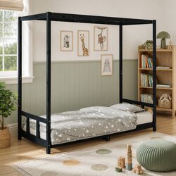 Black Wooden Kids Bed Frame 90x190 cm with Canopy