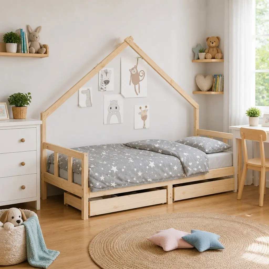90x190 cm Kids Bed Frame in Brown with Storage Drawers