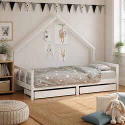 Kids Bed Frame Dimensions: 90 x 190 cm, White Wooden Design