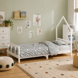 Kids Bed Frame Single Wooden House Design Low Height Toddler Cot Pine White