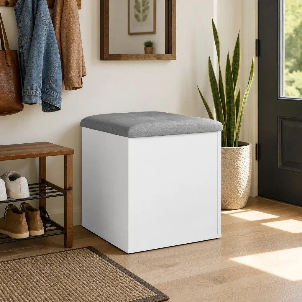 42x42x45 cm White Storage Bench with Cushion