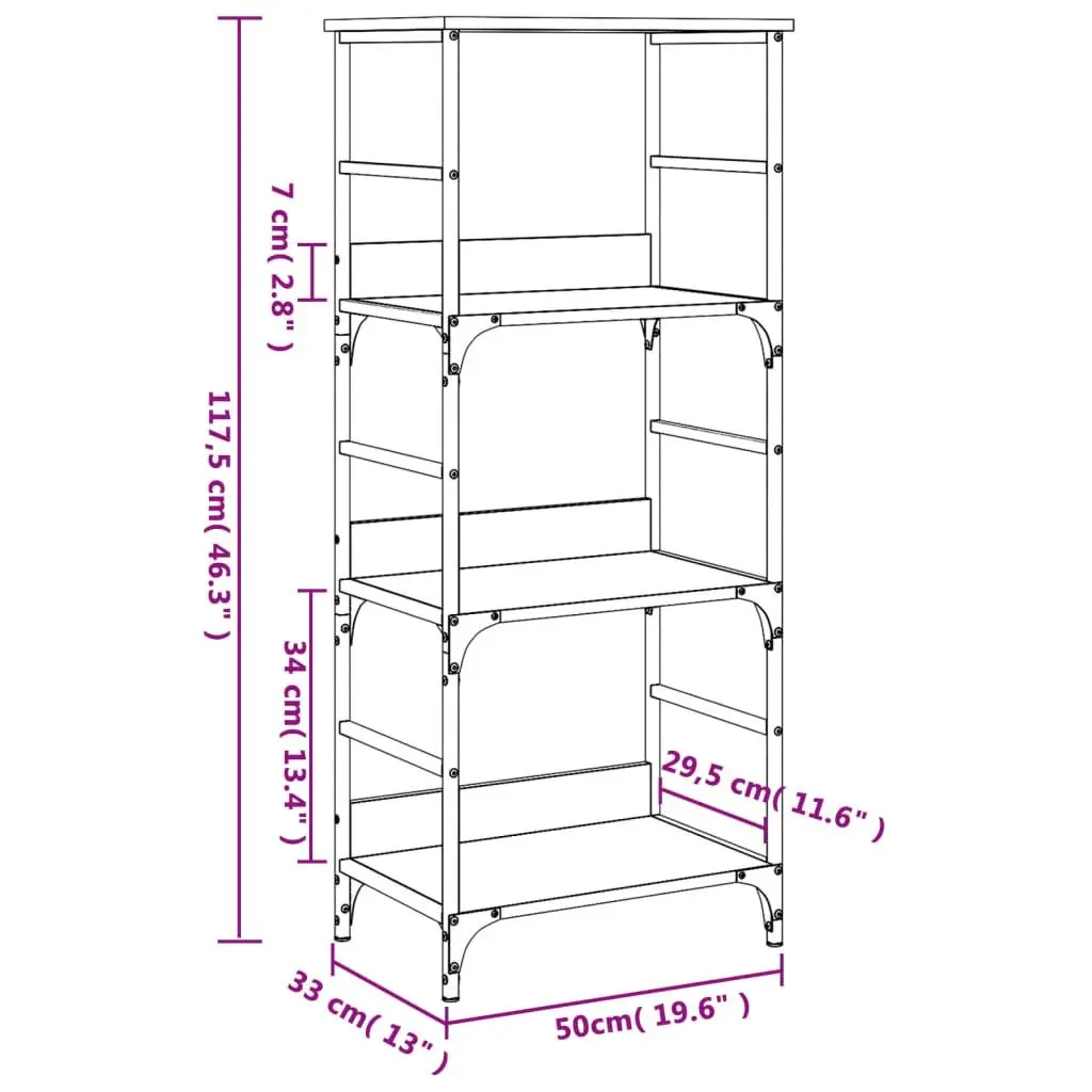 Bookshelf for Living Room or Office Sonoma Oak 50x33x117.5cm Engineered Wood 3-Tier Storage Shelf