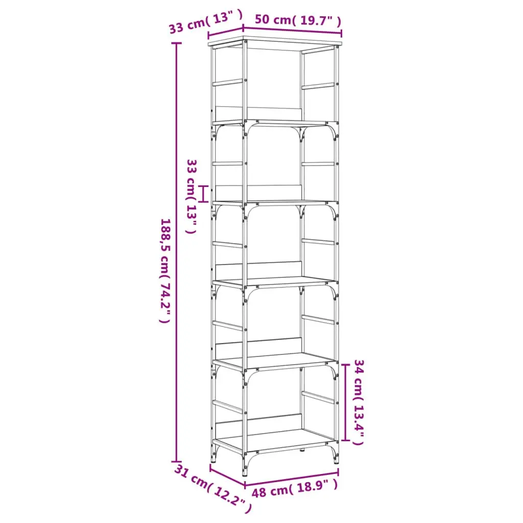 Bookshelf Storage Shelving Unit 5 Compartments 50x33x188.5cm Standing Rack Brown