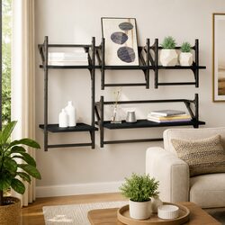 Wall Shelf Set 4 Piece Floating Shelves with Bars Black Storage Display