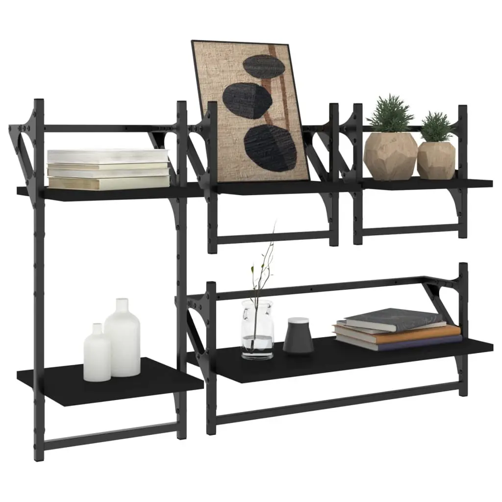 Wall Shelf Set 4 Piece Floating Shelves with Bars Black Storage Display