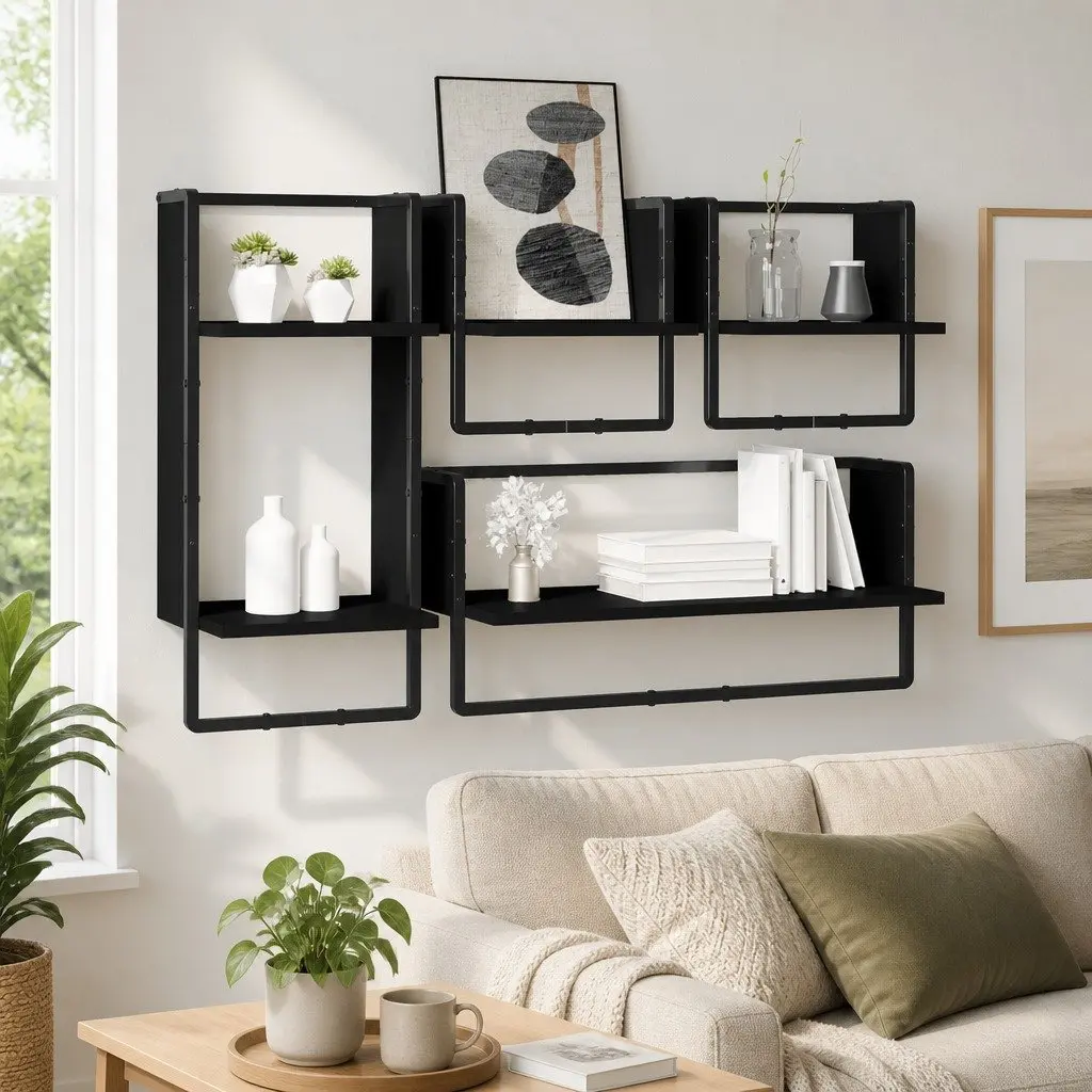 4 Black Floating Display Shelves with Integrated Bars
