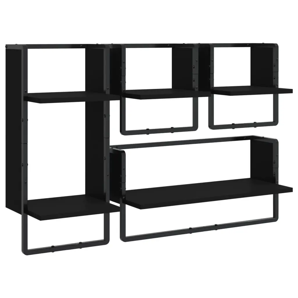 4 Black Floating Display Shelves with Integrated Bars
