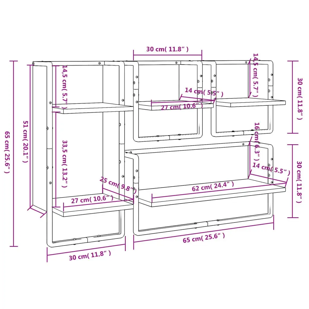 4 Black Floating Display Shelves with Integrated Bars