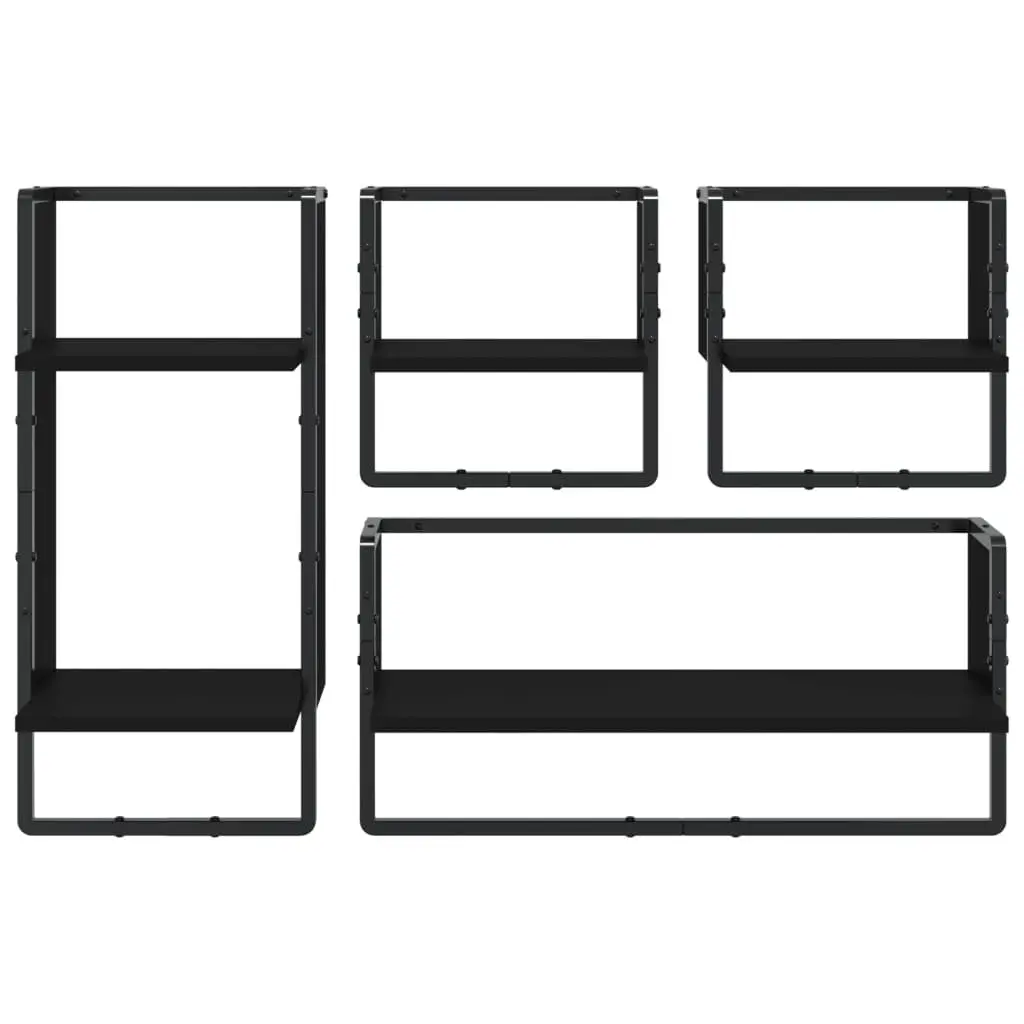 4 Black Floating Display Shelves with Integrated Bars