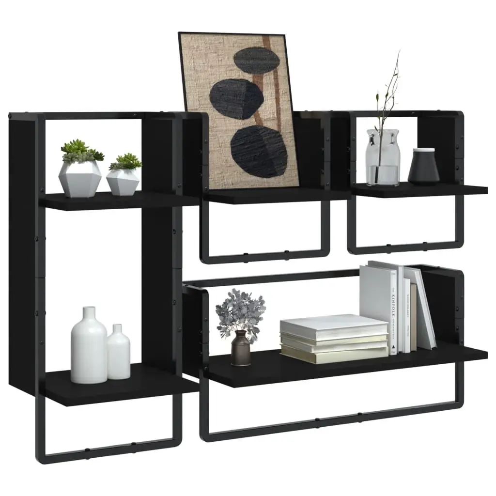 4 Black Floating Display Shelves with Integrated Bars