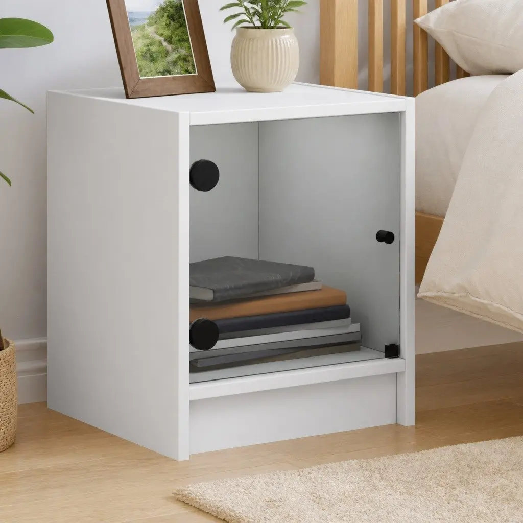 Bedside Cabinet White Glass Door Storage Nightstand Bedroom Furniture Table