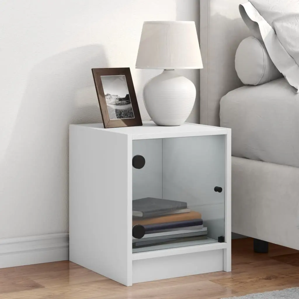 Bedside Cabinet White Glass Door Storage Nightstand Bedroom Furniture Table