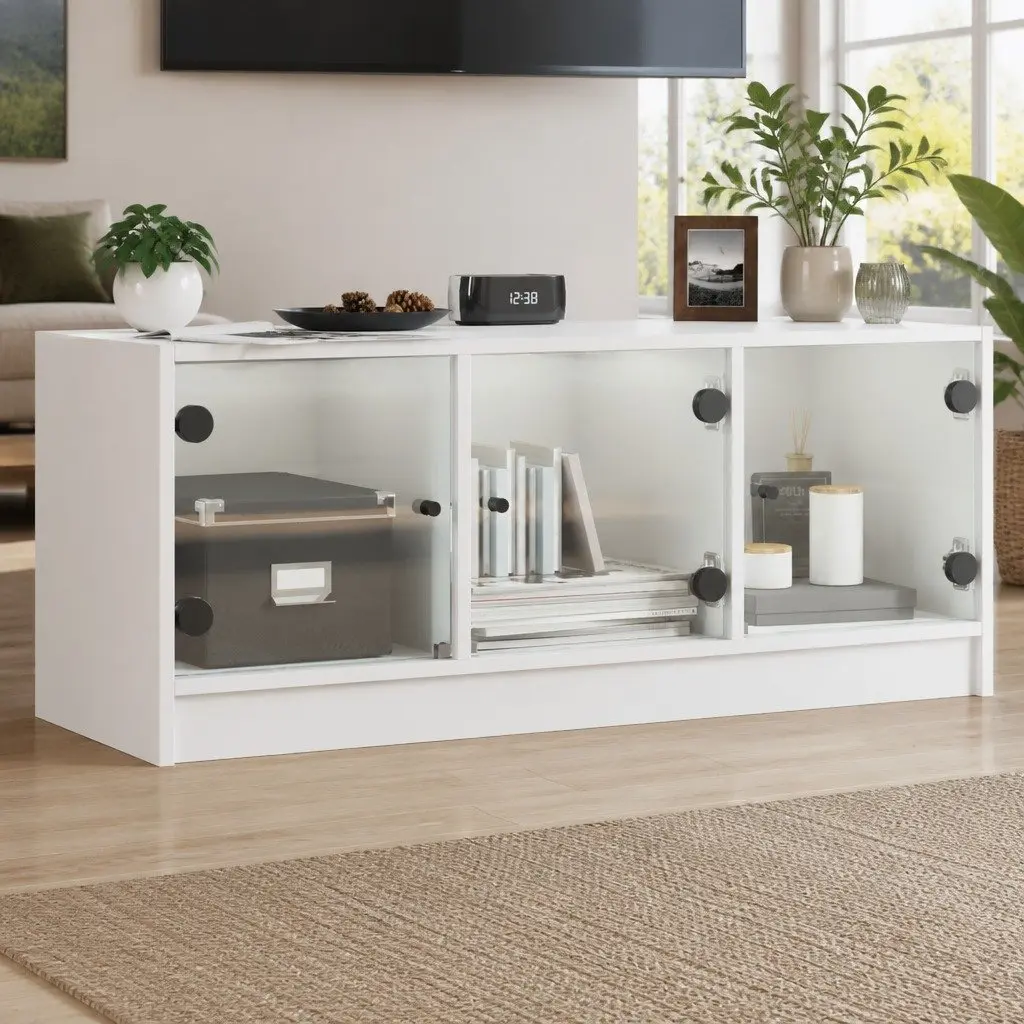 White TV Cabinet with Glass Doors Storage Unit Media Stand 102x37x42cm
