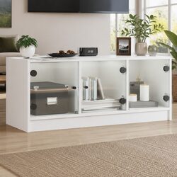 White TV Cabinet with Glass Doors Storage Unit Media Stand 102x37x42cm