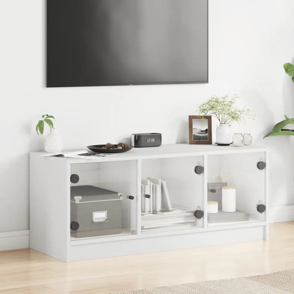 White TV Cabinet with Glass Doors Storage Unit Media Stand 102x37x42cm