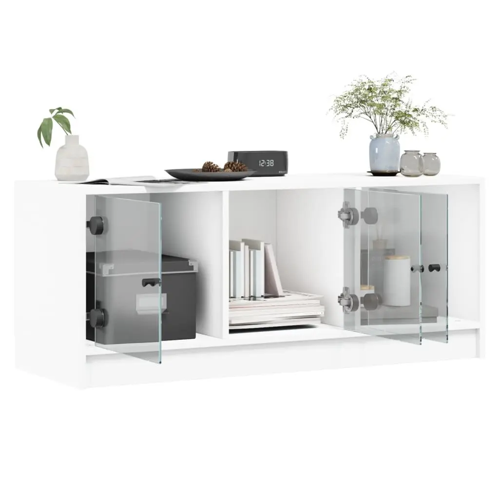 White TV Cabinet with Glass Doors Storage Unit Media Stand 102x37x42cm