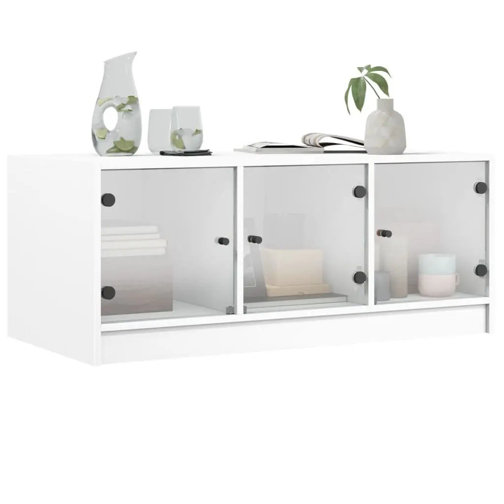 White Coffee Table with Glass Doors Storage Display Accent Living Room Furniture
