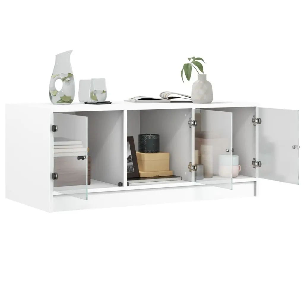 White Coffee Table with Glass Doors Storage Display Accent Living Room Furniture