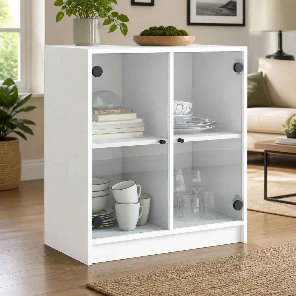 Side Cabinet Glass Doors White Storage Cupboard Sideboard Furniture 68x37x75.5cm