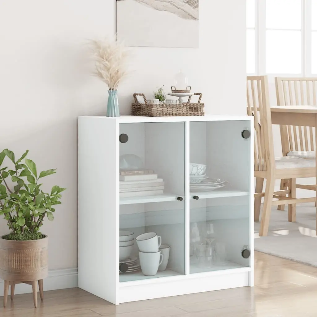 Side Cabinet Glass Doors White Storage Cupboard Sideboard Furniture 68x37x75.5cm