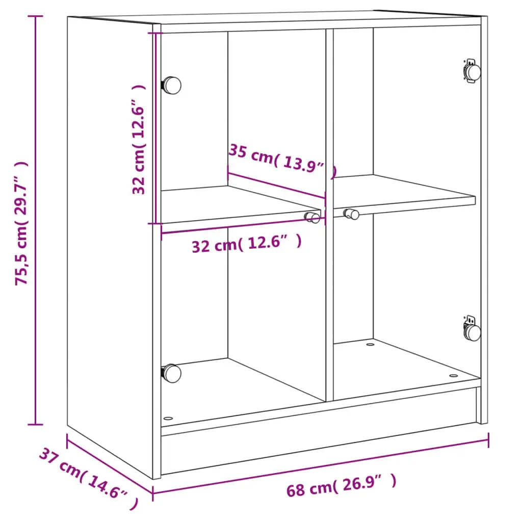 Side Cabinet Glass Doors White Storage Cupboard Sideboard Furniture 68x37x75.5cm