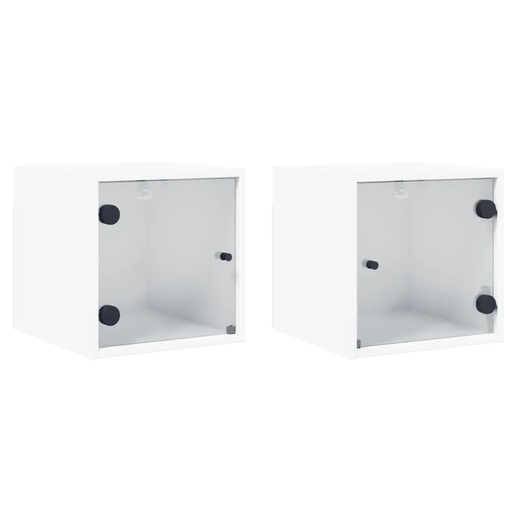 Bedside Cabinet with Glass Doors Wall-Mounted Storage Organiser White 35x37x35cm