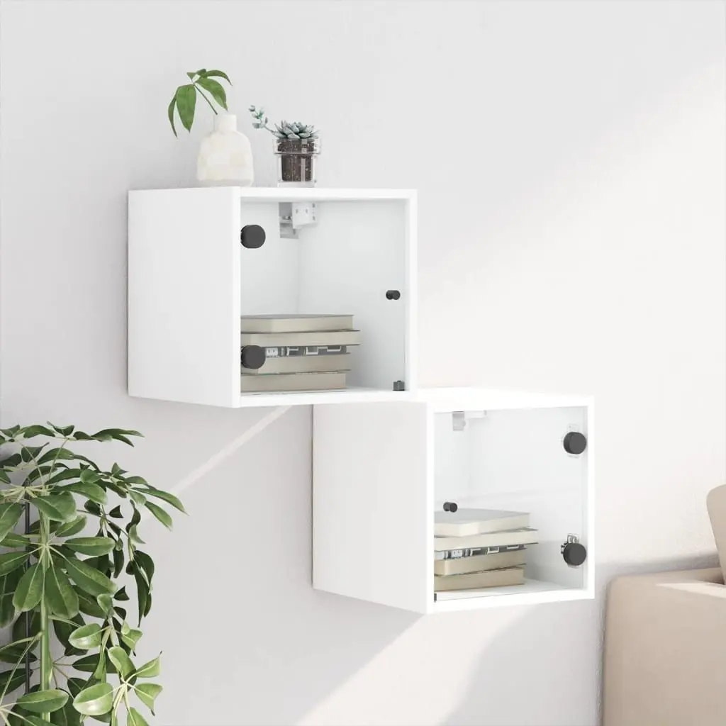 Bedside Cabinet with Glass Doors Wall-Mounted Storage Organiser White 35x37x35cm