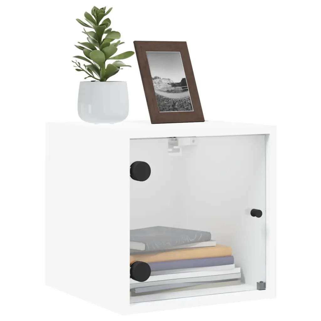 Bedside Cabinet with Glass Doors Wall-Mounted Storage Organiser White 35x37x35cm