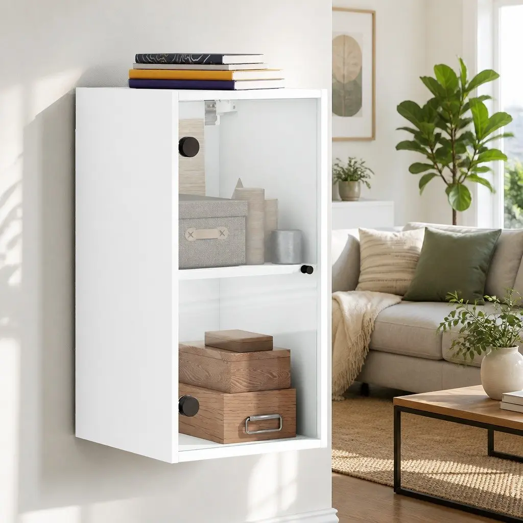 Wall Cabinet for Home Organizer White Glass Doors 35 x 37 x 68.5 cm